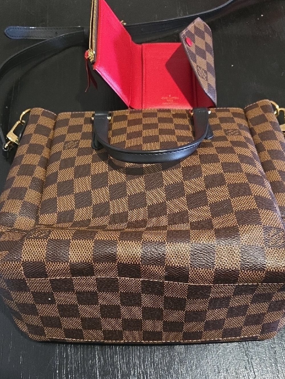 Louis Vuitton Damier Ebene Checkerboard Shoulder Bag with Red Interior